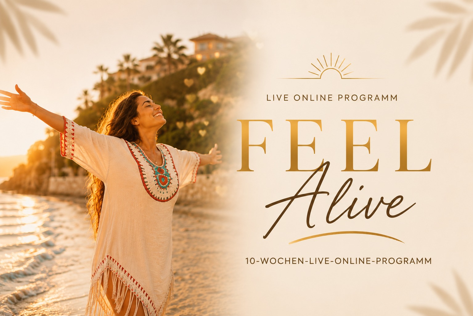 FEEL ALIVE Winter Edition – Frau mit ausgebreiteten Armen am Meer im Sonnenuntergang
